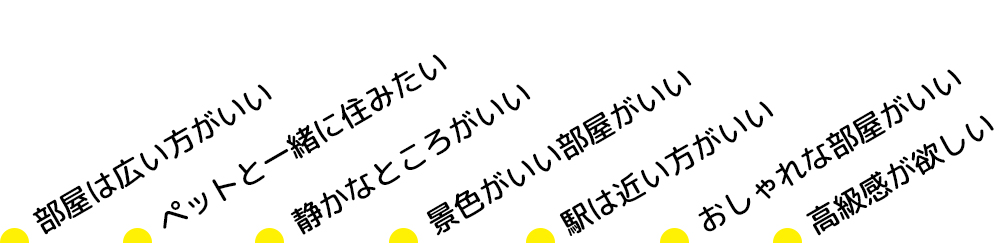 ・部屋は広い方がいい・ペットと一緒に住みたい・静かなところがいい・景色がいい部屋がいい・駅は近い方がいい・おしゃれな部屋がいい・高級感が欲しい